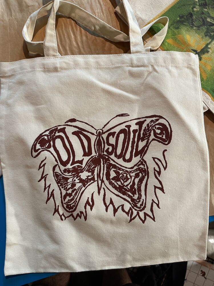 Old Soul butterfly tote bag DTF print