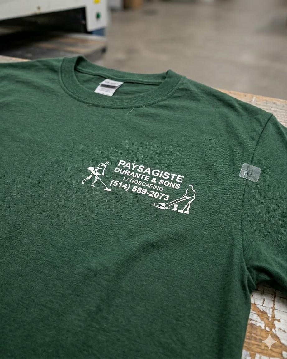 Custom green company tee printed for Paysagiste Durante & Sons Landscaping by Singhs Print