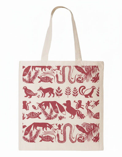 Red animal illustrations tote bag